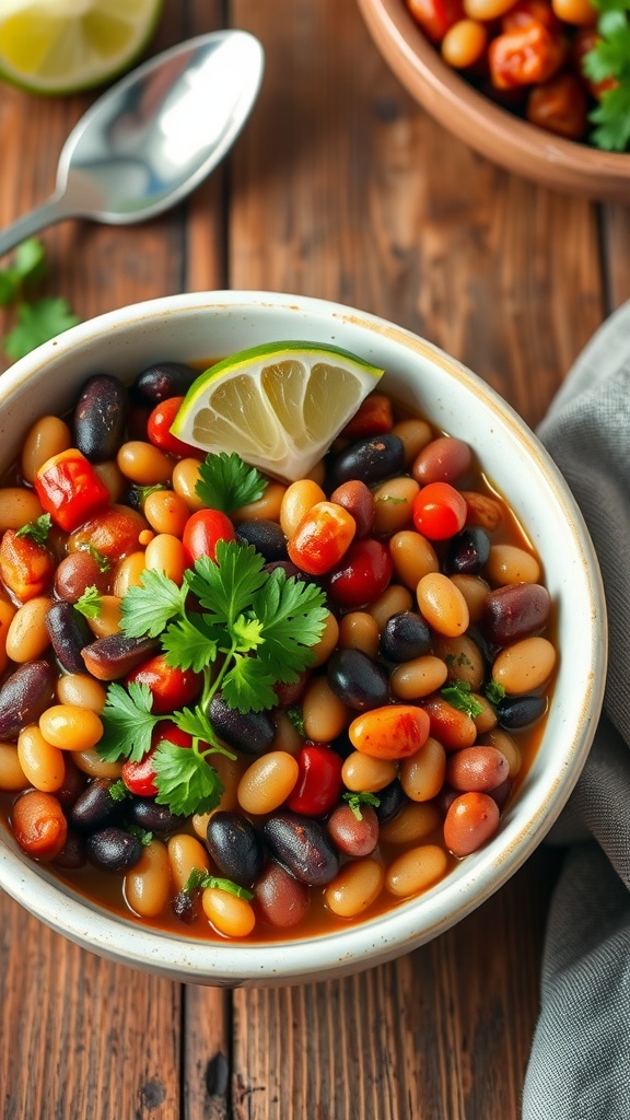 A colorful bowl of mixed beans with cilantro and lime against a rustic wooden table.